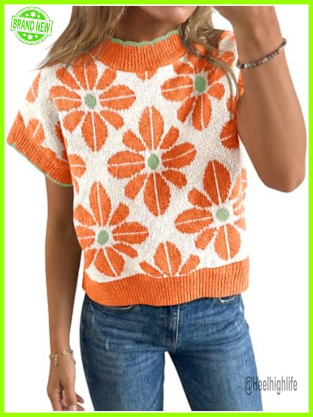 Womens Floral Knit Sweater Short Sleeve Crew Neck Loose Summer Pullover